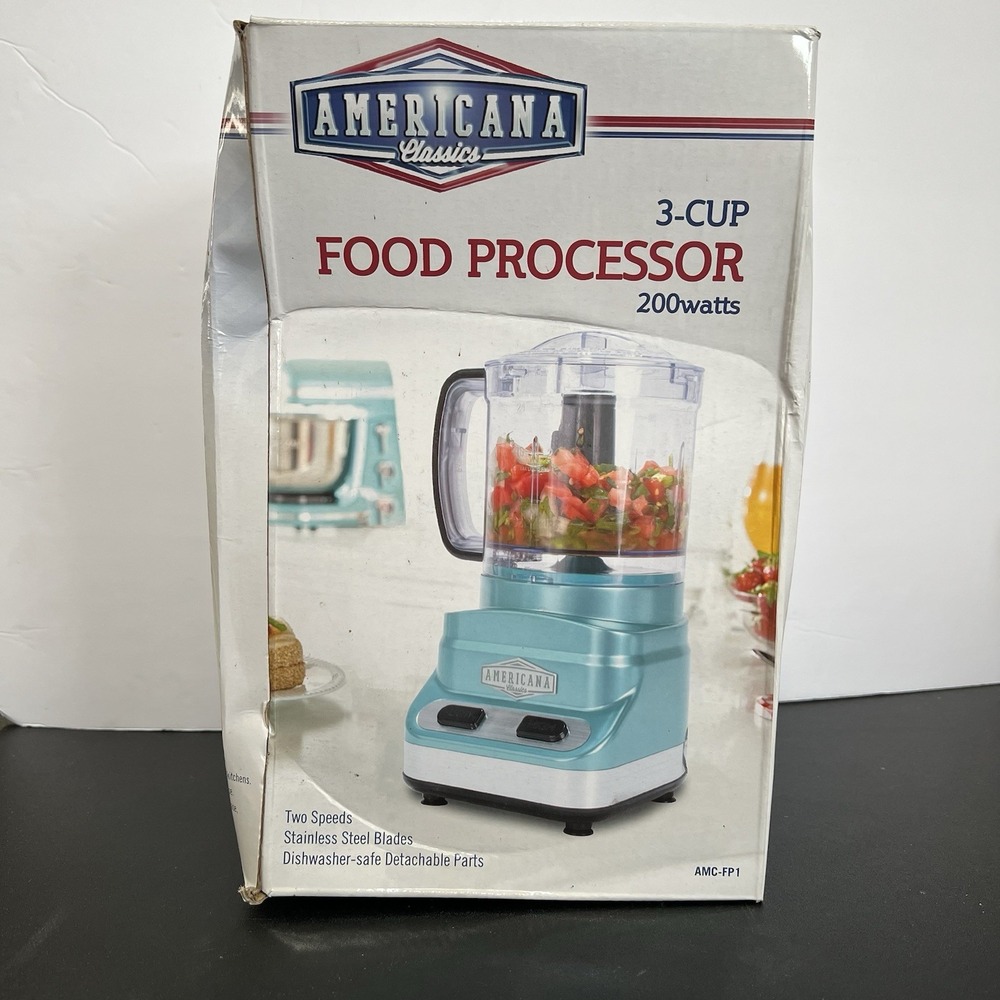 Americana Classics 3 Cup Food Processor 2-Speed SS Blades No‎ Skid Seafoam Blue